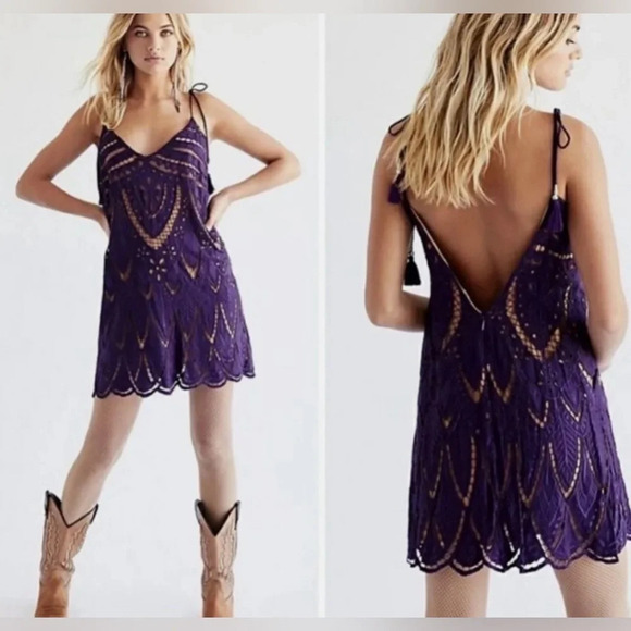 Free people FP PYT mini purple boho dress spring bohemian lace crochet - Picture 3 of 4